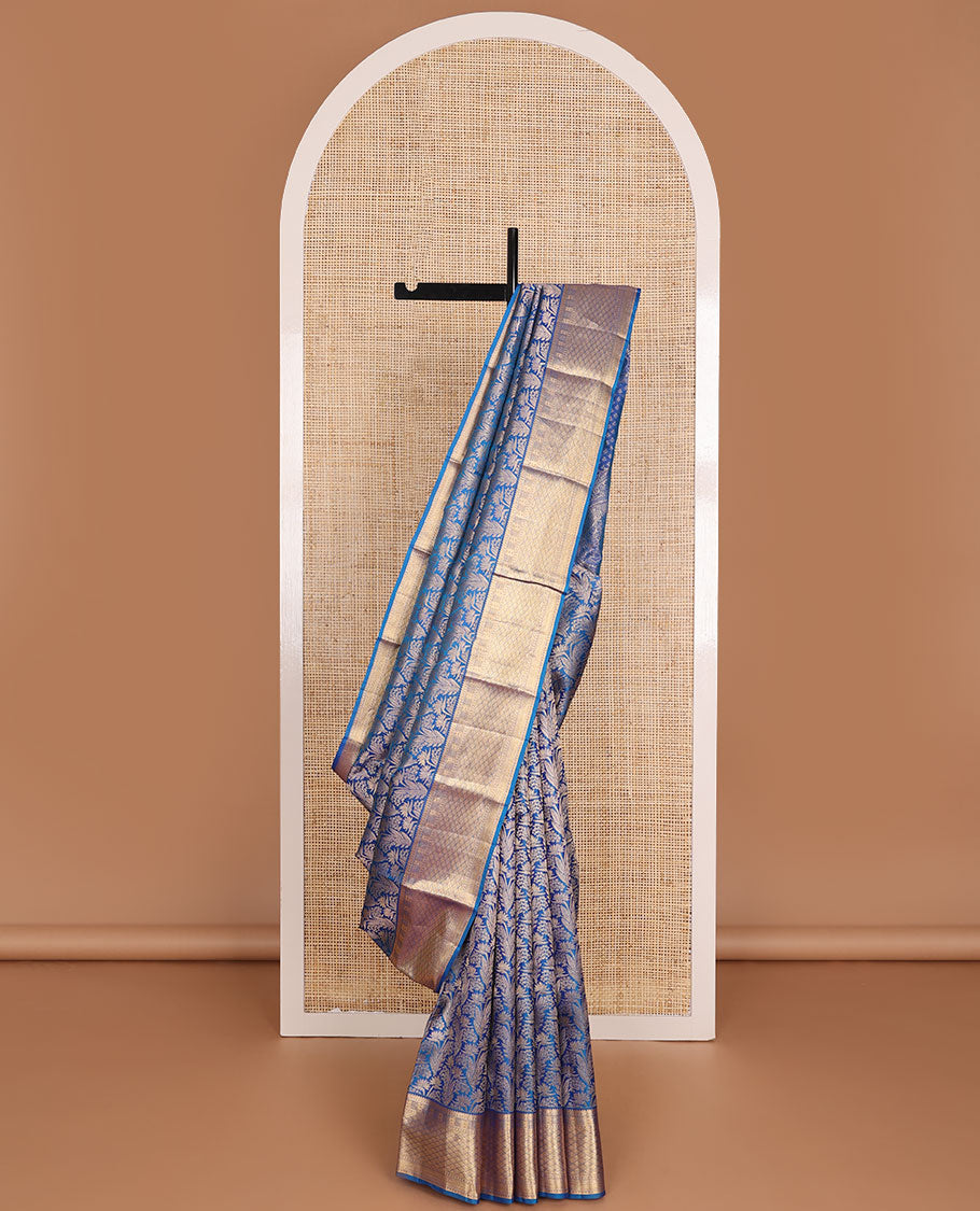 Blue jacquard wedding silk saree, zari border of rekku,Muthu,kazhugu & jaal design & pallu of animal motifs in zari
