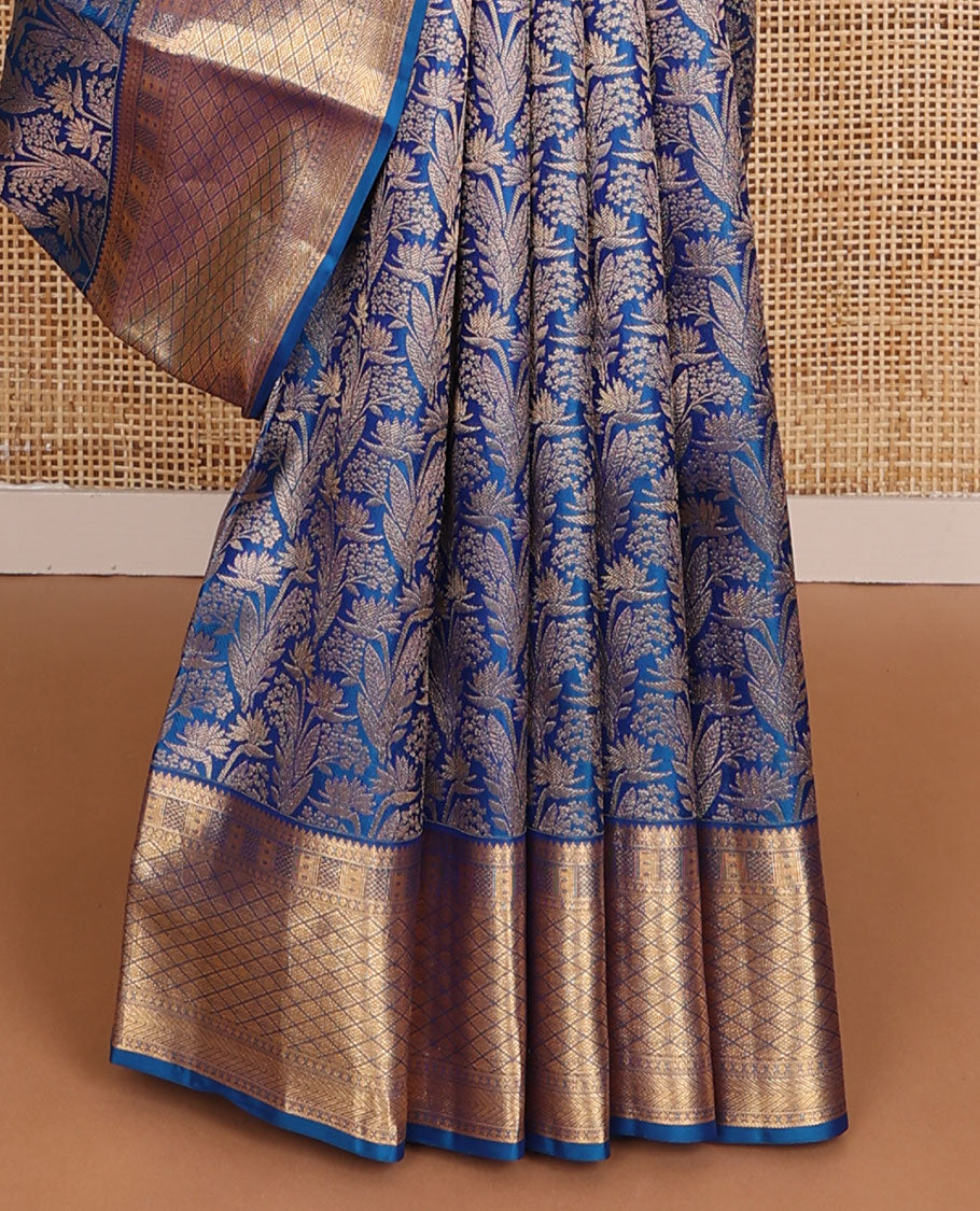 Blue jacquard wedding silk saree, zari border of rekku,Muthu,kazhugu & jaal design & pallu of animal motifs in zari