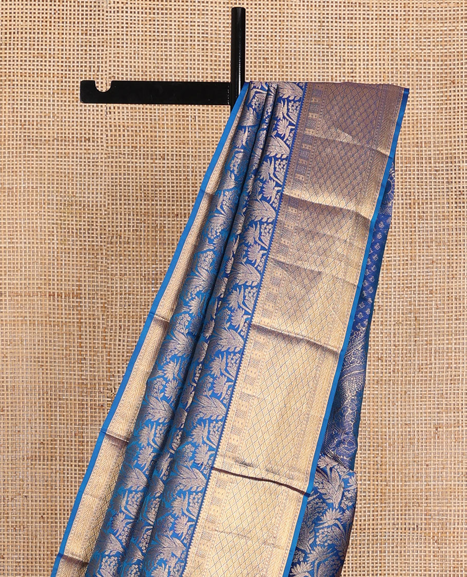 Blue jacquard wedding silk saree, zari border of rekku,Muthu,kazhugu & jaal design & pallu of animal motifs in zari
