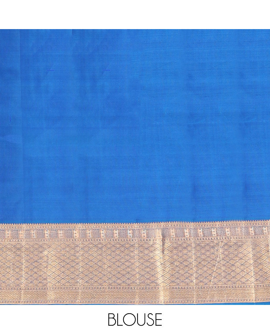 Blue jacquard wedding silk saree, zari border of rekku,Muthu,kazhugu & jaal design & pallu of animal motifs in zari