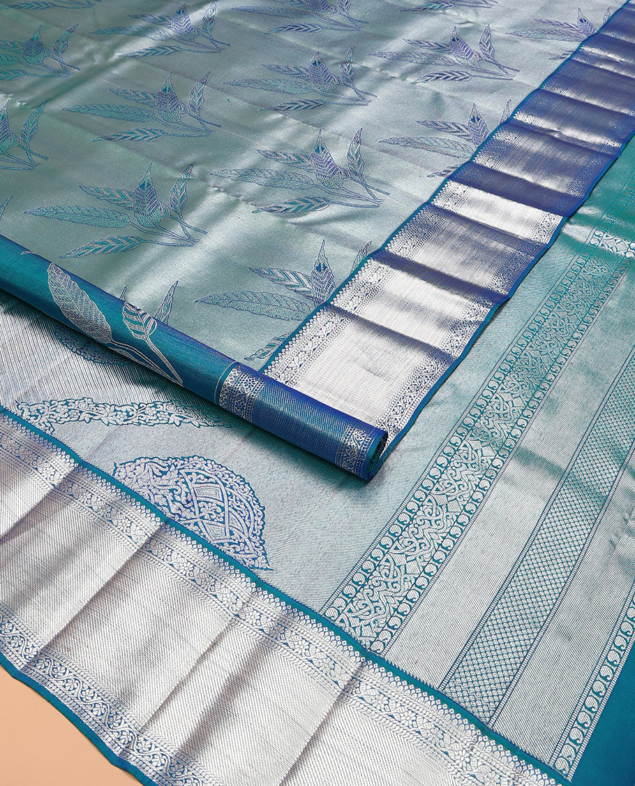 Blue jacquard kanchipuram silk saree, zari border of kodi visiry designs, and intricate pallu