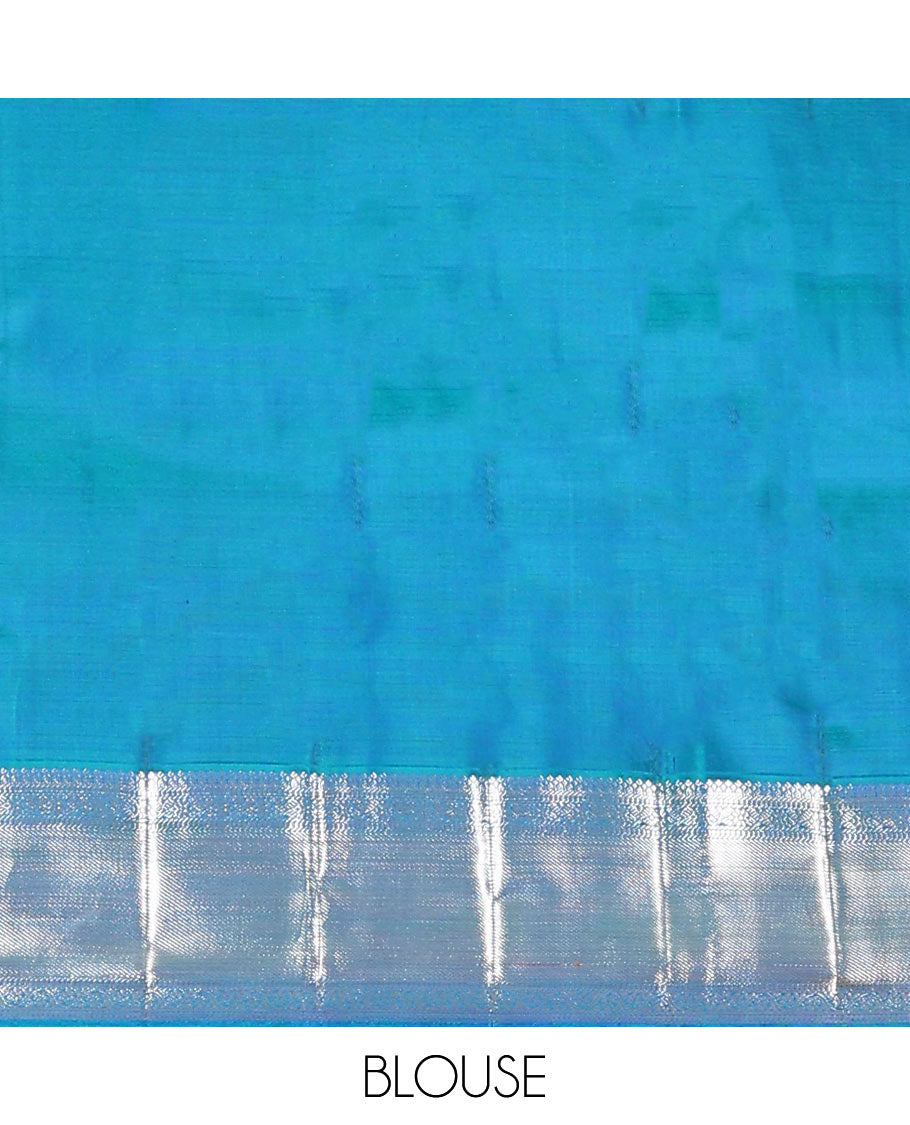 Blue jacquard kanchipuram silk saree, zari border of kodi visiry designs, and intricate pallu