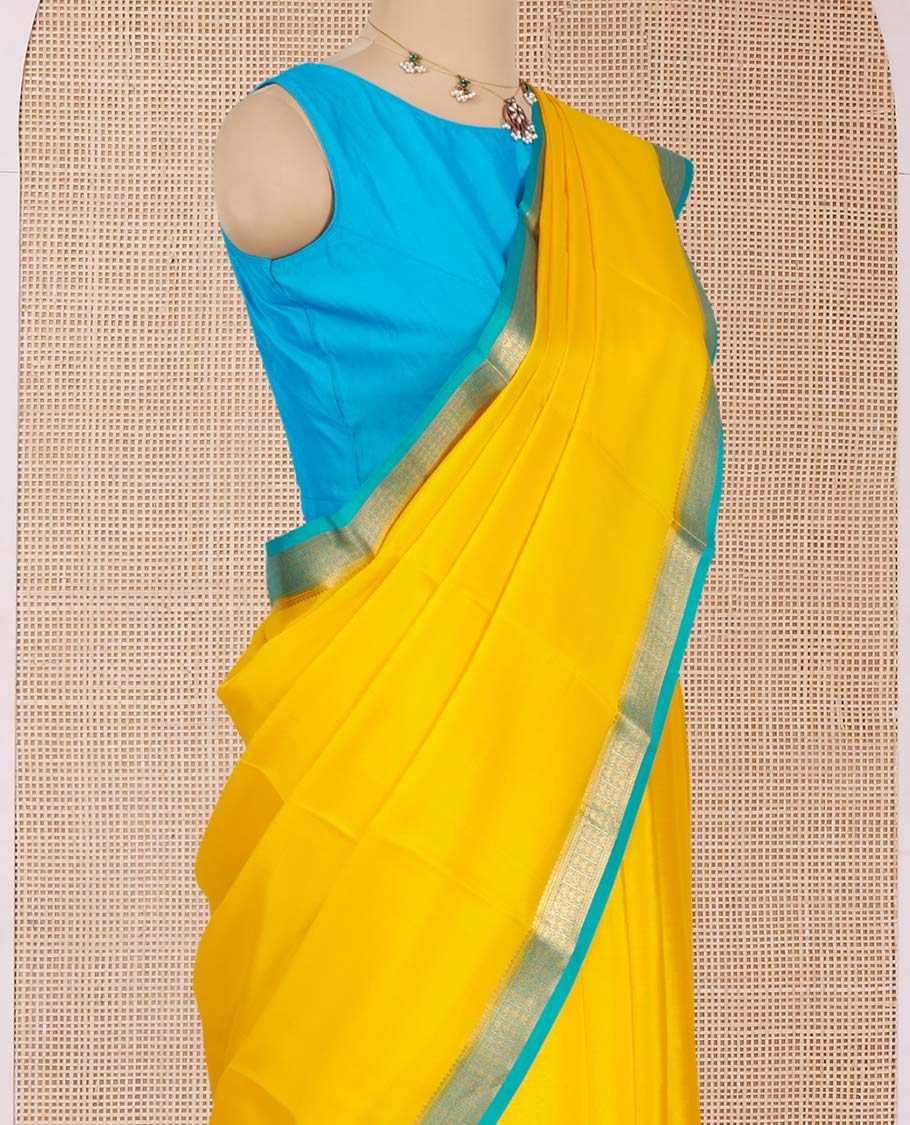 Yellow Plain Mysore Silk Saree, Complemented by a Contrast Traditional Zari Design Border, Zari-Buttas Woven Pallu, and Paired with a Contrast Blouse