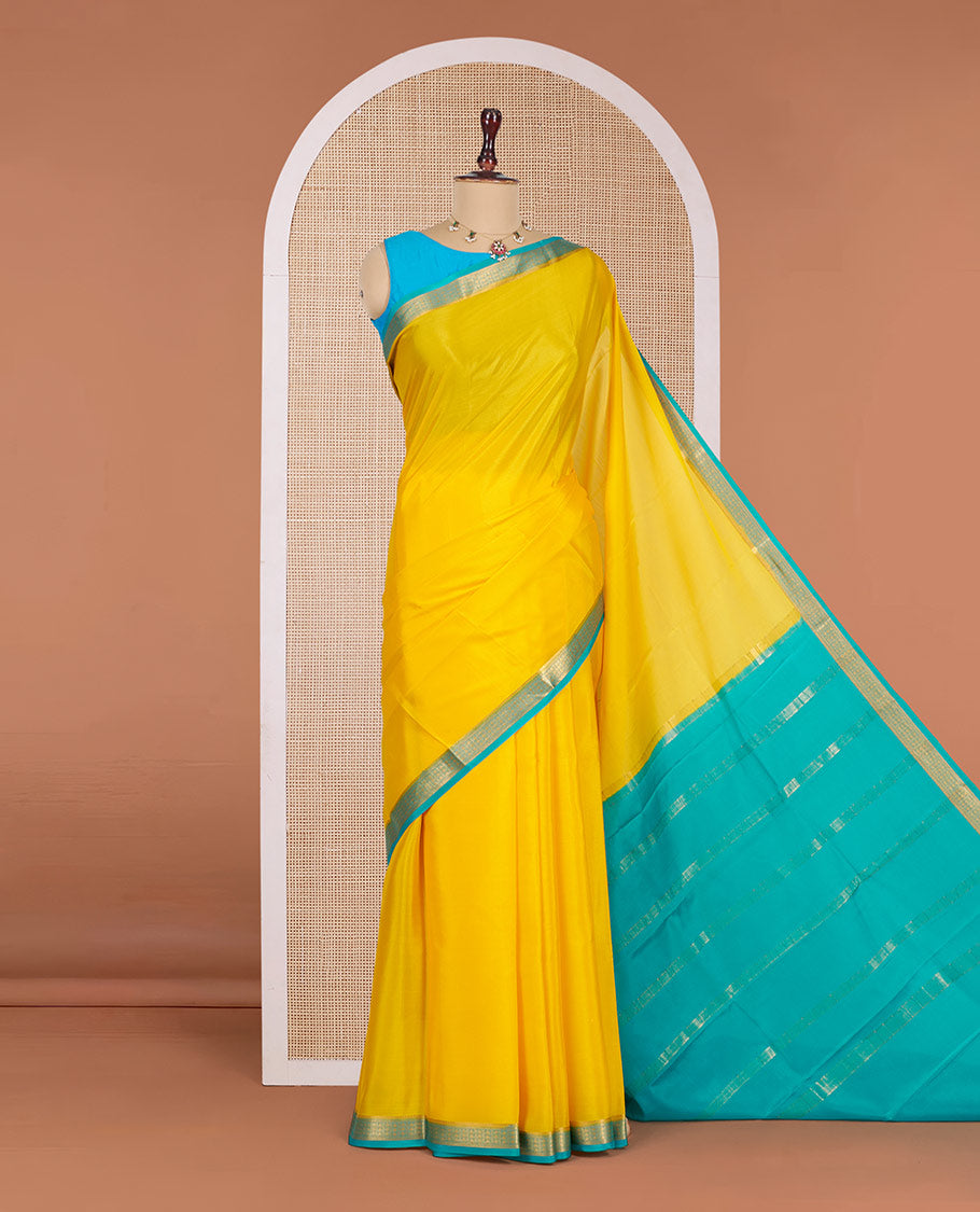 Yellow Plain Mysore Silk Saree, Complemented by a Contrast Traditional Zari Design Border, Zari-Buttas Woven Pallu, and Paired with a Contrast Blouse