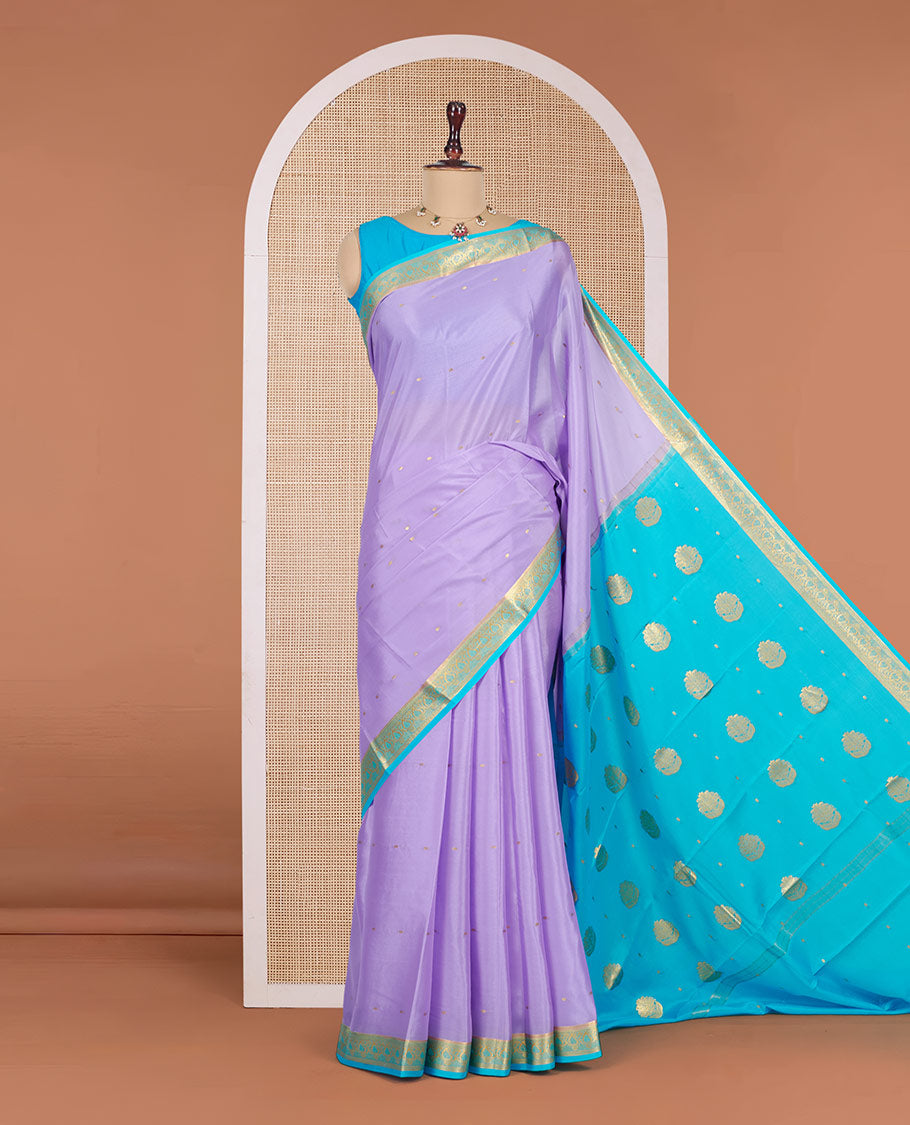 Lavender Mysore Silk Saree, Detailed with Zari Buttas All Over Its Body, Complemented by a Contrast Traditional Zari Design Border, Zari-Buttas Woven Pallu, and Paired with a Contrast Blouse