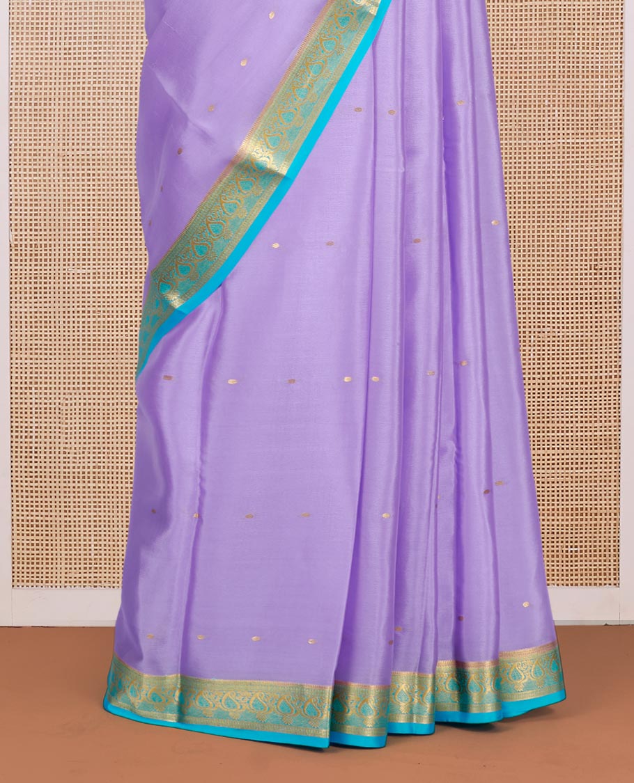 Lavender Mysore Silk Saree, Detailed with Zari Buttas All Over Its Body, Complemented by a Contrast Traditional Zari Design Border, Zari-Buttas Woven Pallu, and Paired with a Contrast Blouse