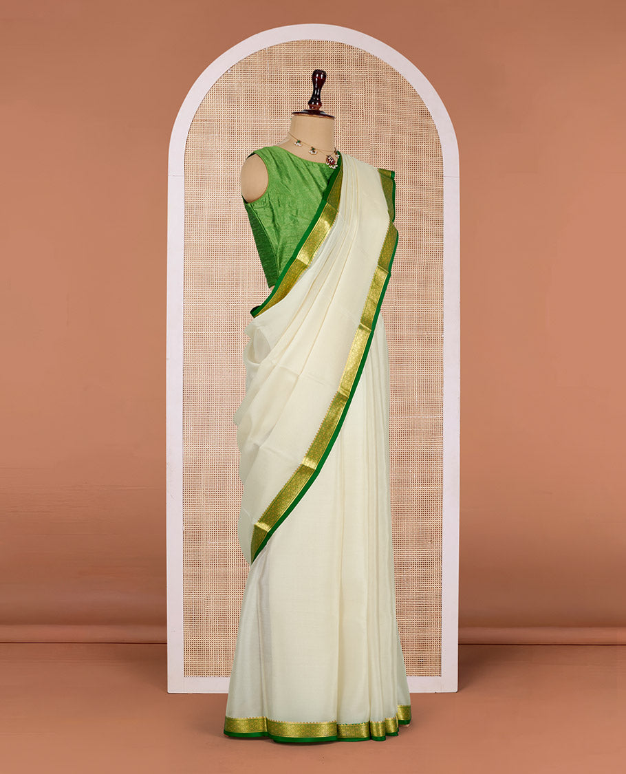 White Plain Mysore Silk Saree, Complemented by a Contrast Traditional Zari Design Border, Zari-Striped Pallu, and Paired with a Contrast Blouse