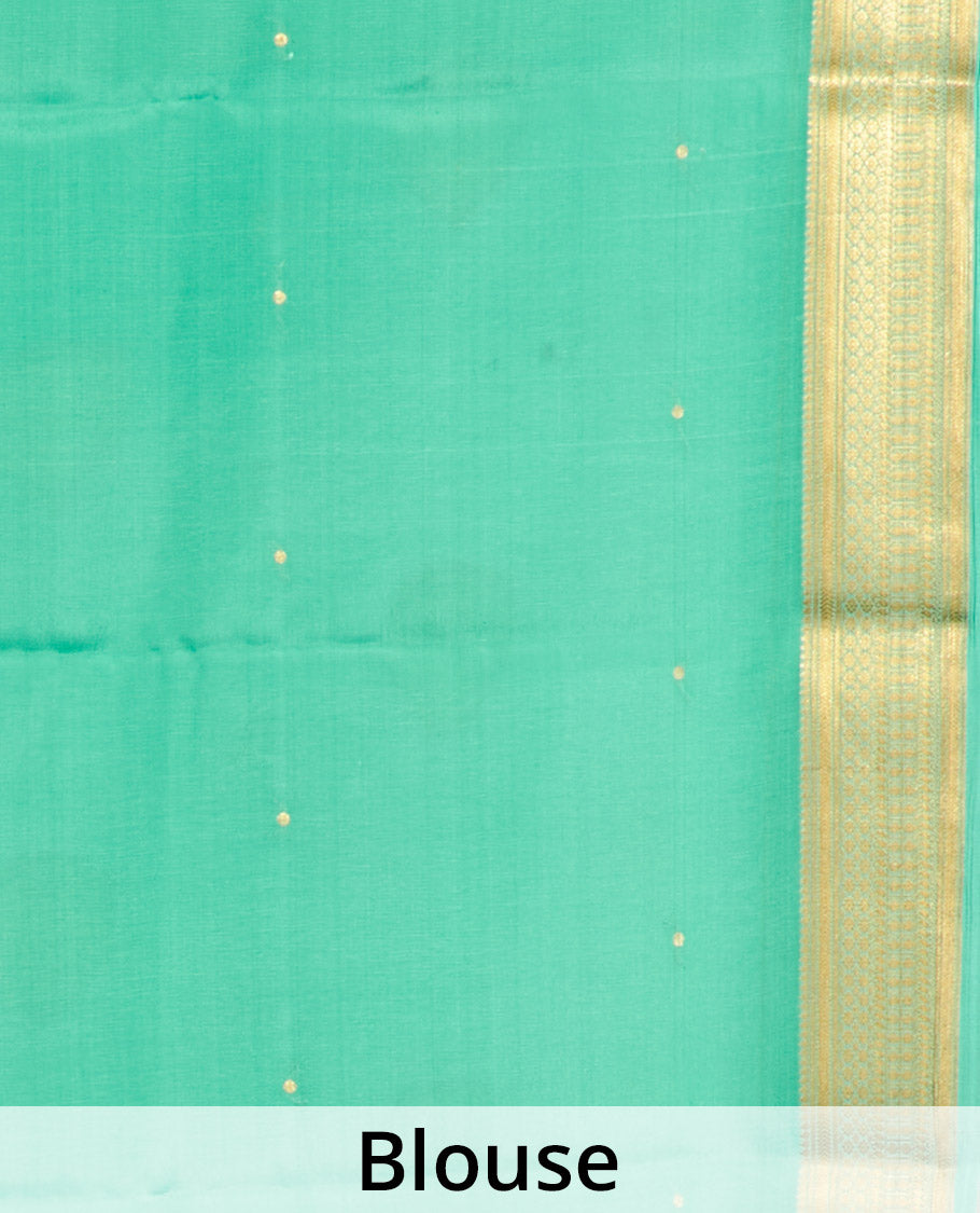 Pink Mysore Silk Saree, Subtly Sparkled with Zari Buttas All Over Its Body, Complemented by a Contrast Traditional Zari Design Border, Zari-Buttas Woven Pallu, and Paired with a Contrast Blouse