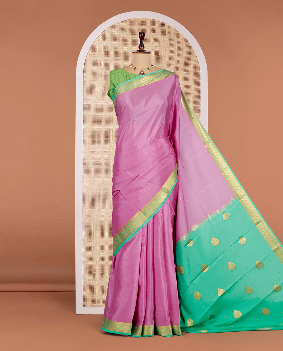 Pink Mysore Silk Saree, Subtly Sparkled with Zari Buttas All Over Its Body, Complemented by a Contrast Traditional Zari Design Border, Zari-Buttas Woven Pallu, and Paired with a Contrast Blouse