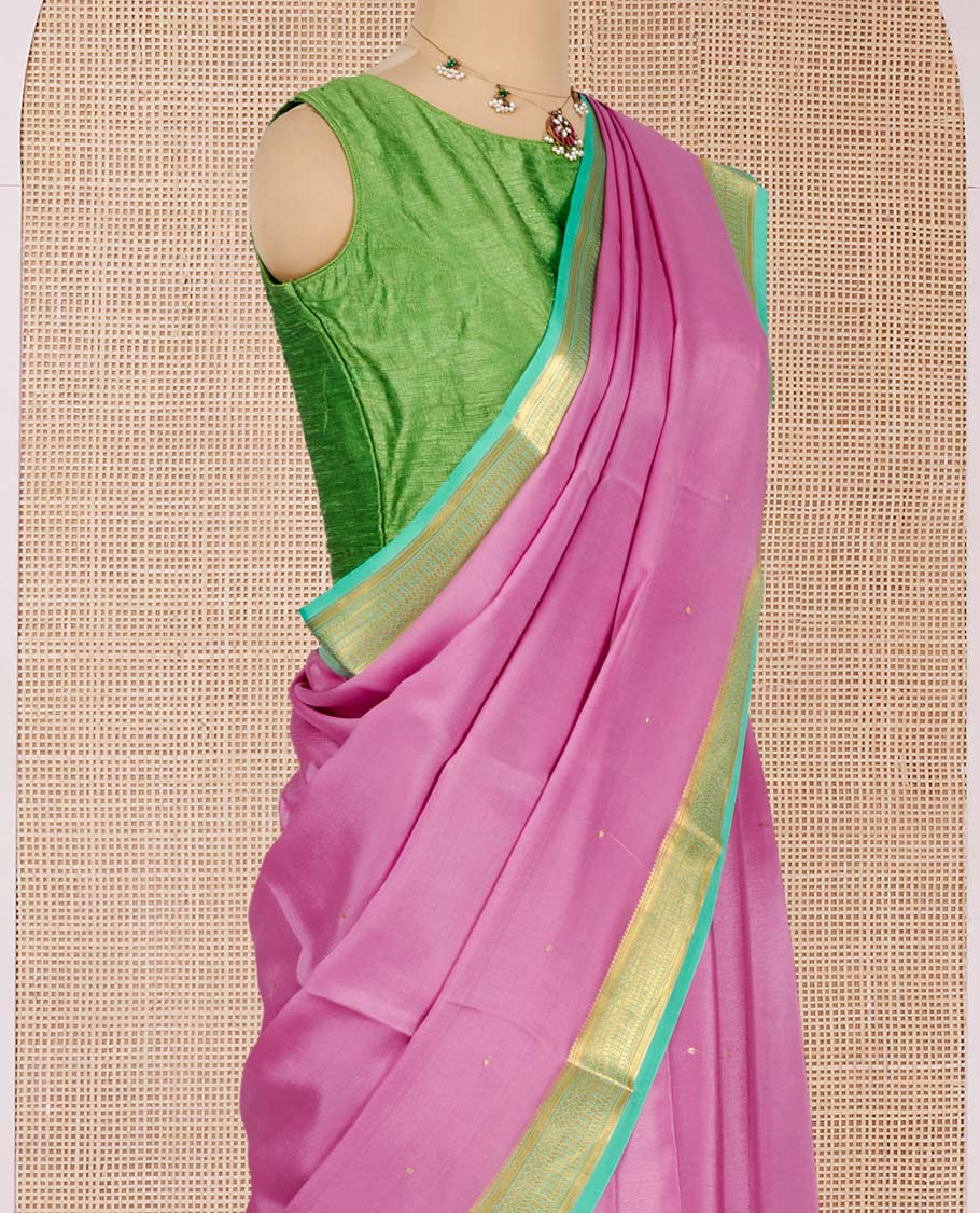 Pink Mysore Silk Saree, Subtly Sparkled with Zari Buttas All Over Its Body, Complemented by a Contrast Traditional Zari Design Border, Zari-Buttas Woven Pallu, and Paired with a Contrast Blouse