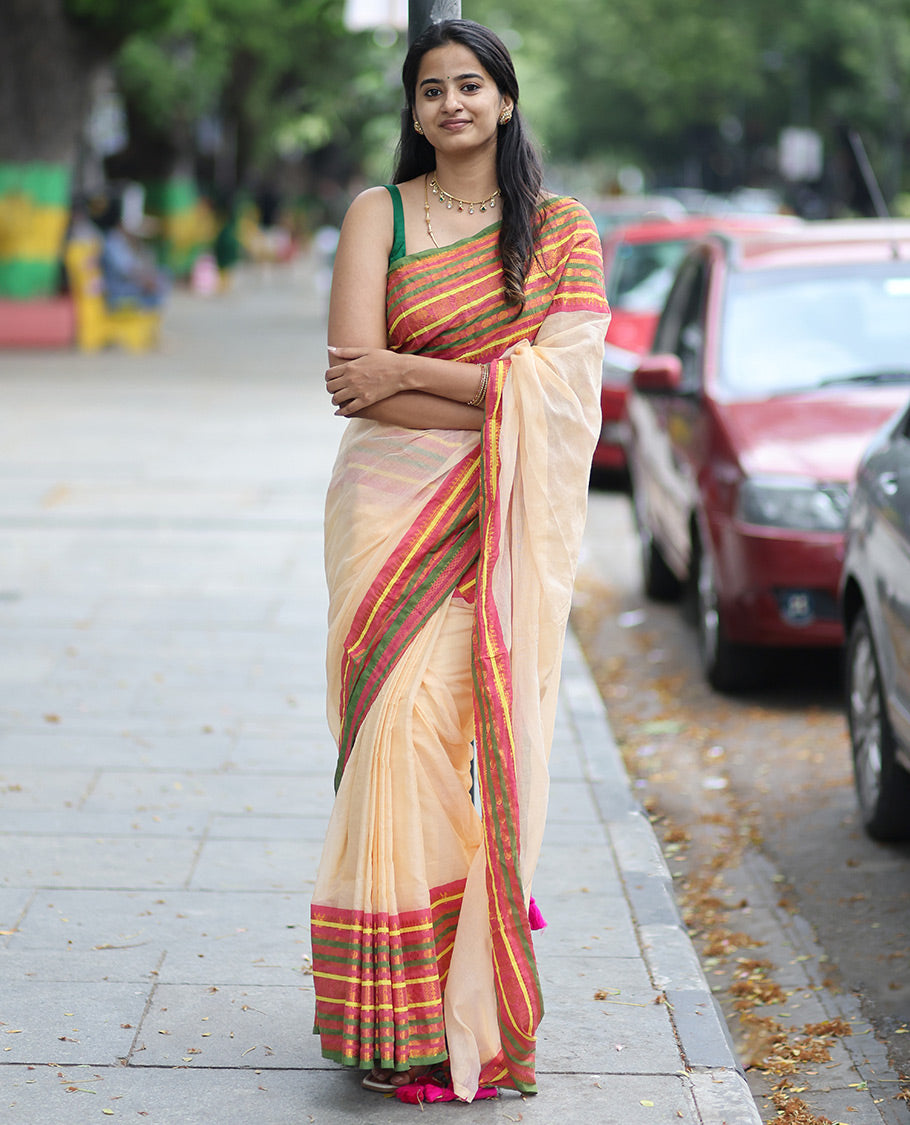 Sandal Plain Khadi Mul Cotton Saree, Contrast Zari Design Border, a Self-Pallu, and a Matching Blouse