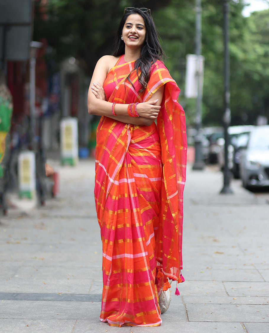 Borderless Orange Khadi Mul Cotton Saree, Featuring Checked Block and Zari Checks, a Self-Pallu, and No Blouse