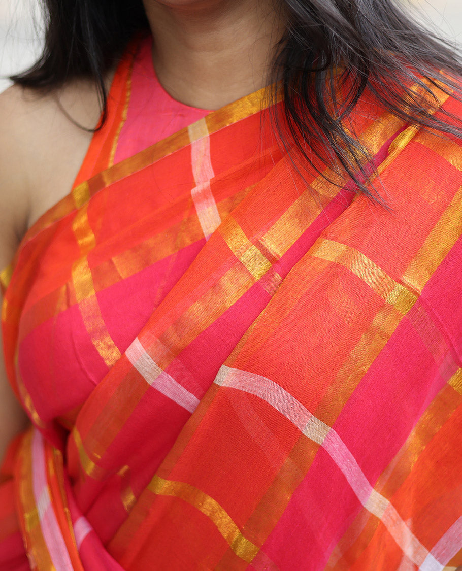 Borderless Orange Khadi Mul Cotton Saree, Featuring Checked Block and Zari Checks, a Self-Pallu, and No Blouse