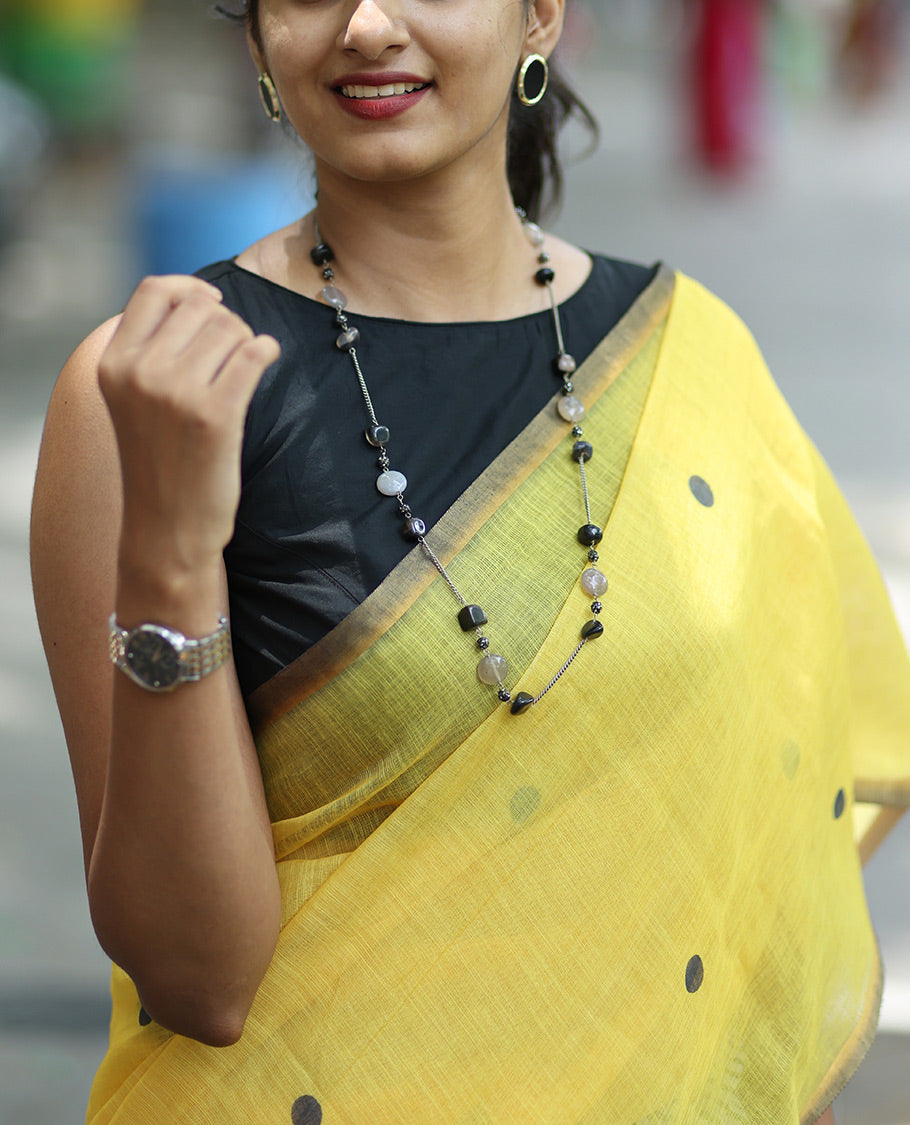 Yellow Linen Cotton Saree, Adorned with Half-And-Half-Style Polka Dots, a Subtle Piping Border, Contrast Vertically Striped Pallu, and a Contrast Blouse