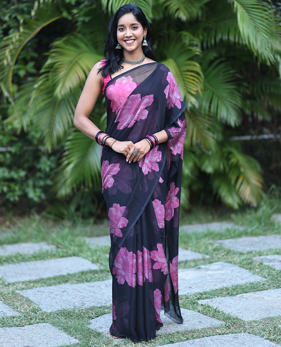 Borderless Black Rangoli Chiffon Saree