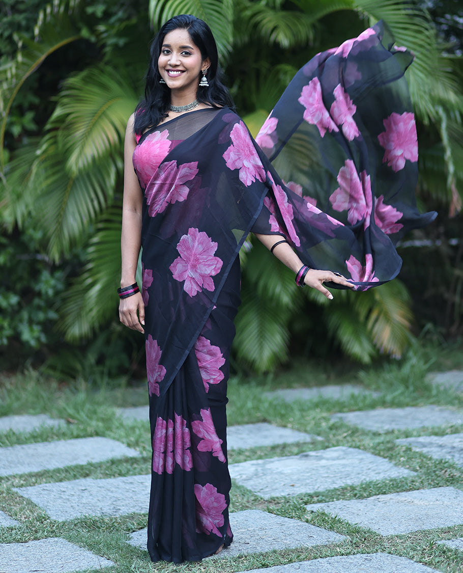 Borderless Black Rangoli Chiffon Saree