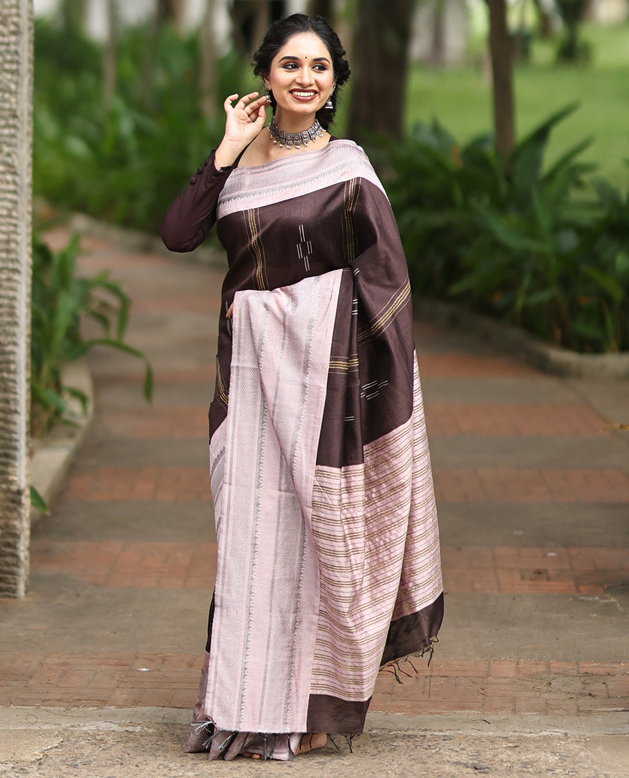 Brown Semi-Raw Silk Saree, Subtly Woven with Thread Stripes and Buttas, a Contrast Traditional Zari Border, Striped Pallu, a Contrast Blouse