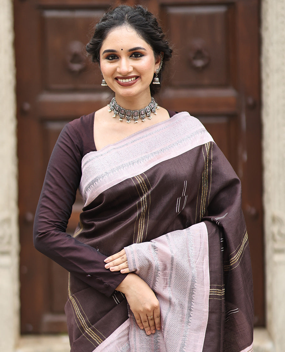 Brown Semi-Raw Silk Saree, Subtly Woven with Thread Stripes and Buttas, a Contrast Traditional Zari Border, Striped Pallu, a Contrast Blouse