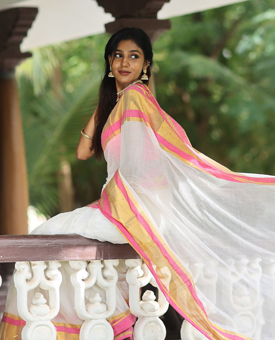 Cream Plain Khadi Mul Cotton Saree, Complemented by a Contrast Pink Zari Border, a Self-Pallu, and No Blouse