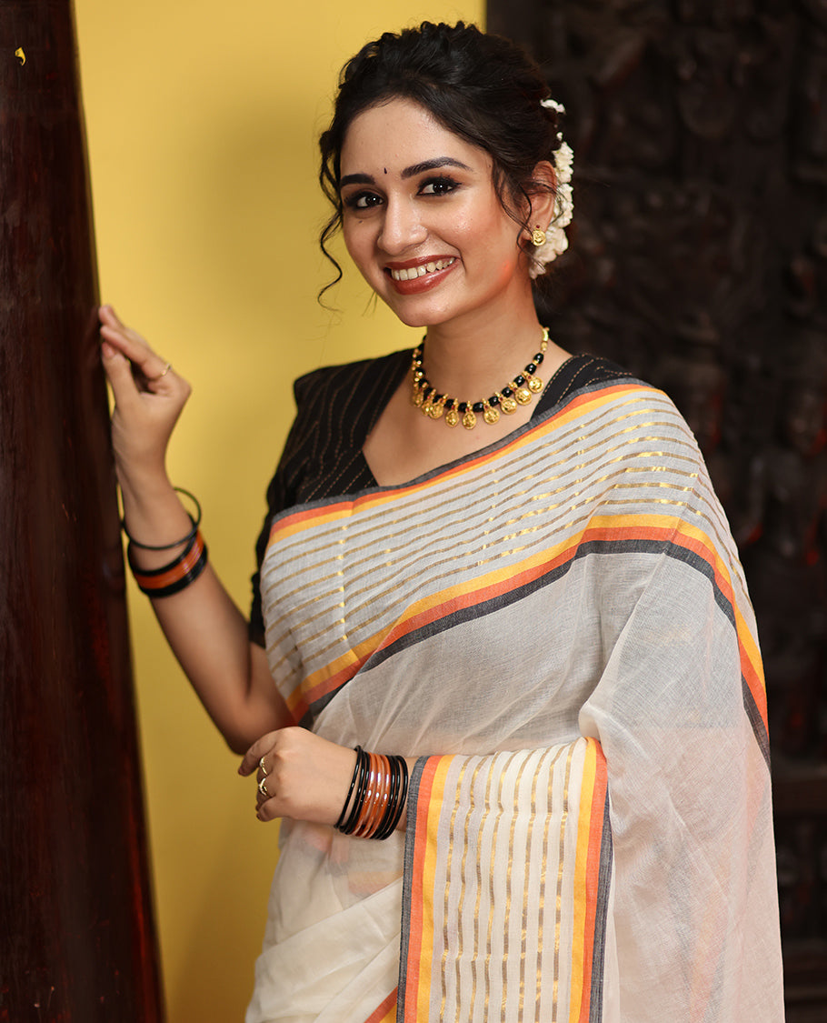 Cream Plain Khadi Mul Cotton Saree, Contrast Gold Zri Striped Border, a Self-Pallu, and No Blouse