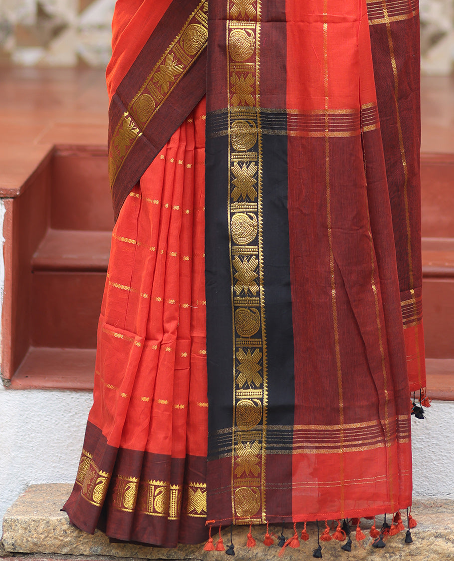 Rust Khadi Mul Cotton Saree, Adorned with Veldhari Stripes, Complemented by a Contrast Traditional Zari Border, Striped Pallu, and No Blouse