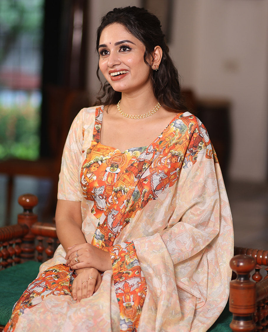 Cream Semi-Silk Material Chudidar, Kerala Kathakali Printed Top, Santoon Bottom, and Printed Dupatta