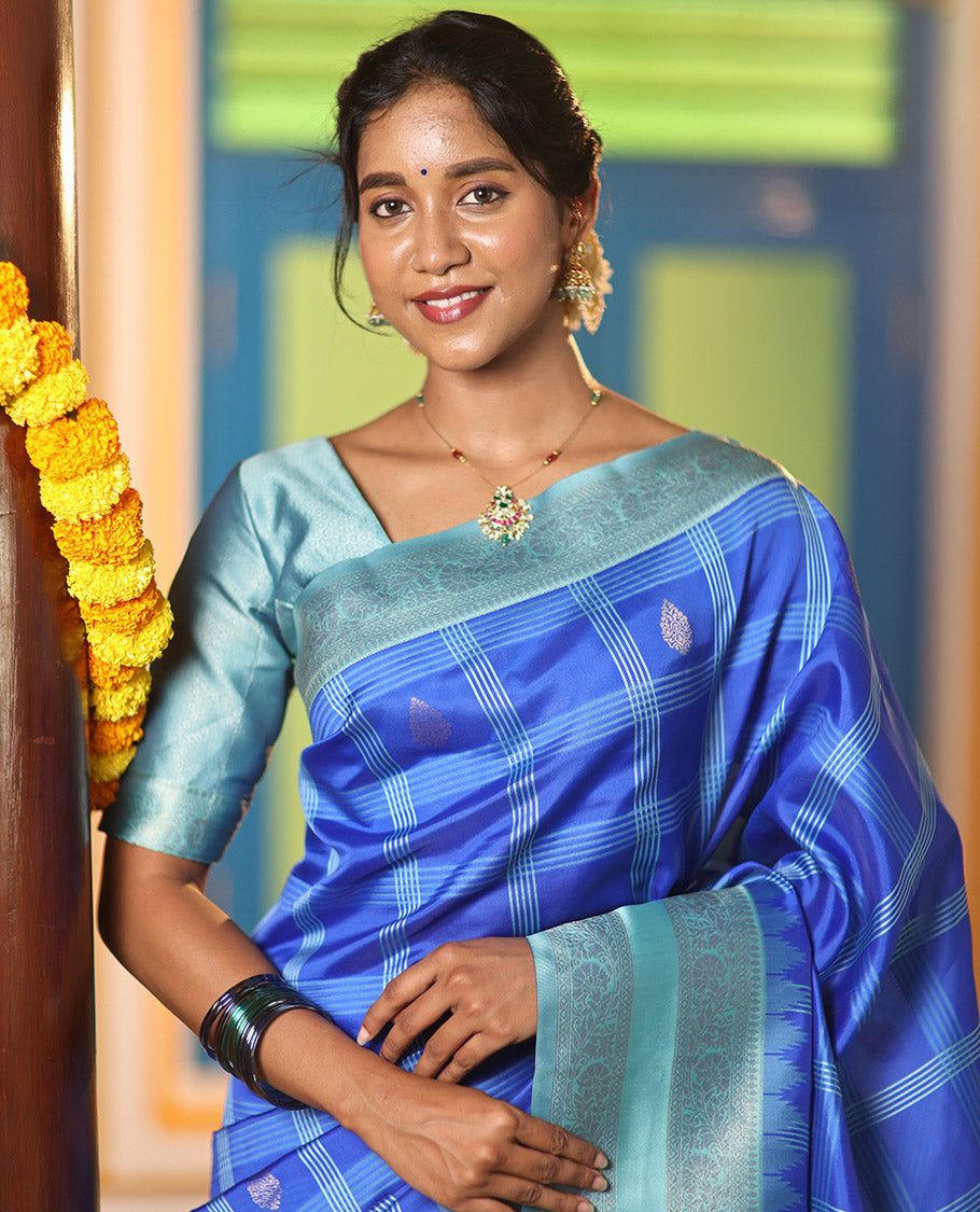 Blue Art Kanchi Silk Saree Features Butta Enclosed Checks, a Contrast Temple Rettai Pettu Border, Grand Pallu, and a Contrast Blouse