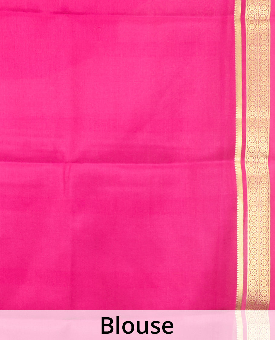 Orange Plain Mysore Silk Saree, Complemented by a Contrast Traditional Zari Design Border, Zari Striped Pallu, and Paired with a Contrast Blouse