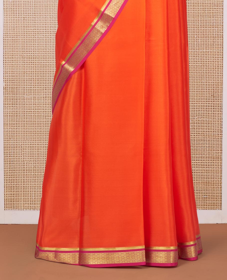 Orange Plain Mysore Silk Saree, Complemented by a Contrast Traditional Zari Design Border, Zari Striped Pallu, and Paired with a Contrast Blouse