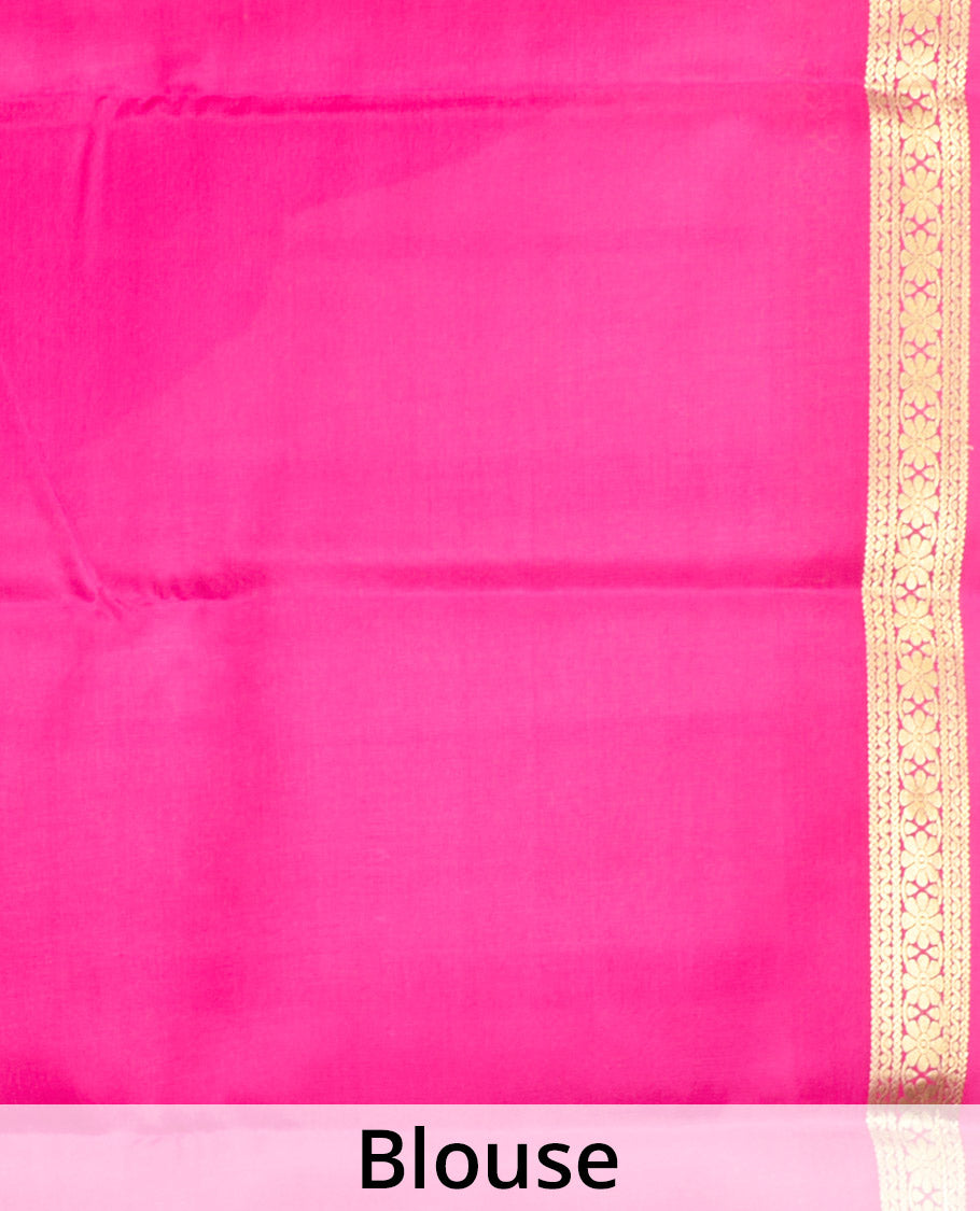 White Plain Mysore Silk Saree, Complemented by a Contrast Flower Zari Design Border, Zari Striped Pallu, and Paired with a Contrast Blouse