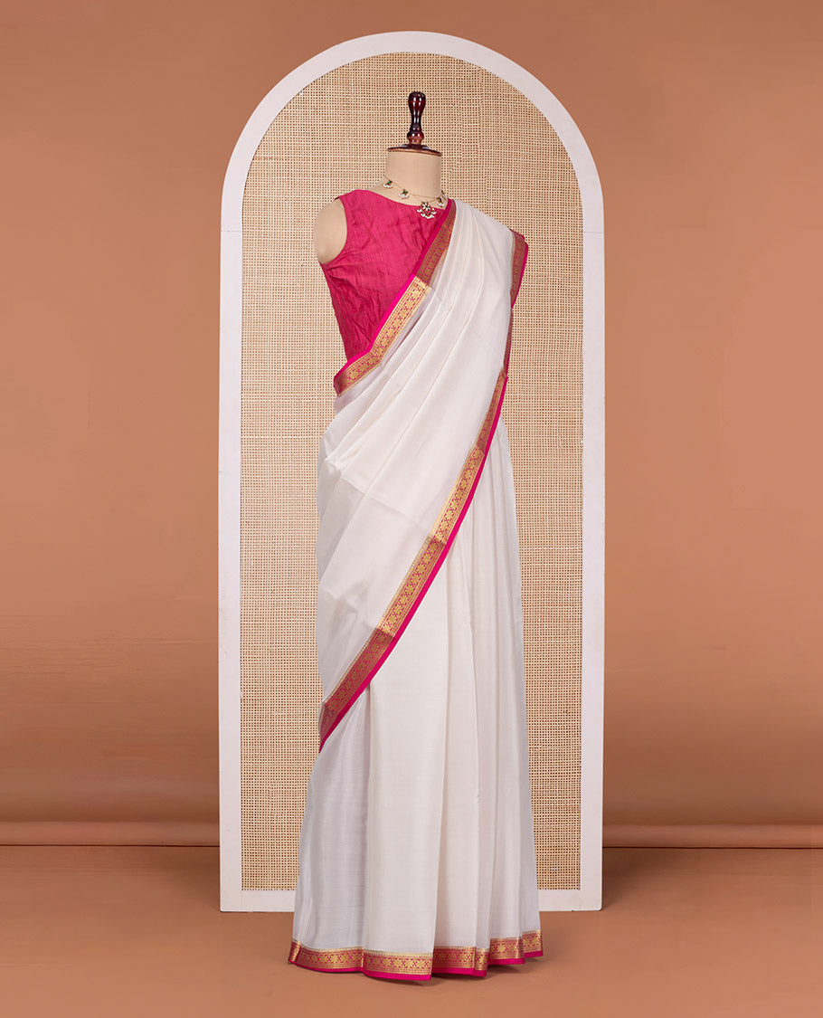 White Plain Mysore Silk Saree, Complemented by a Contrast Flower Zari Design Border, Zari Striped Pallu, and Paired with a Contrast Blouse