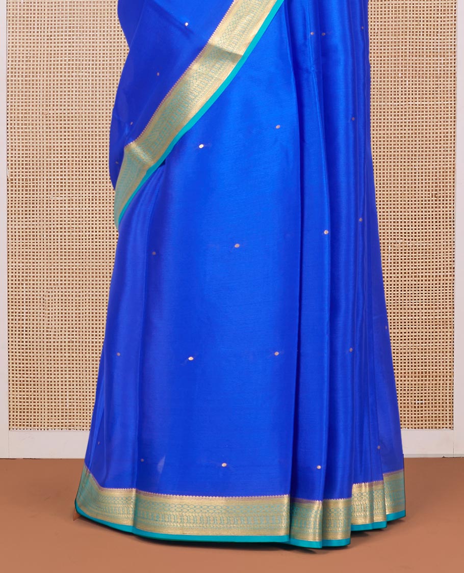Royal Blue Mysore Silk Saree, Subtly Woven with Buttas All Over Its Body, Complemented by a Contrast Traditional Zari Design Border, Zari-Buttas Woven Pallu, and Paired with a Contrast Blouse