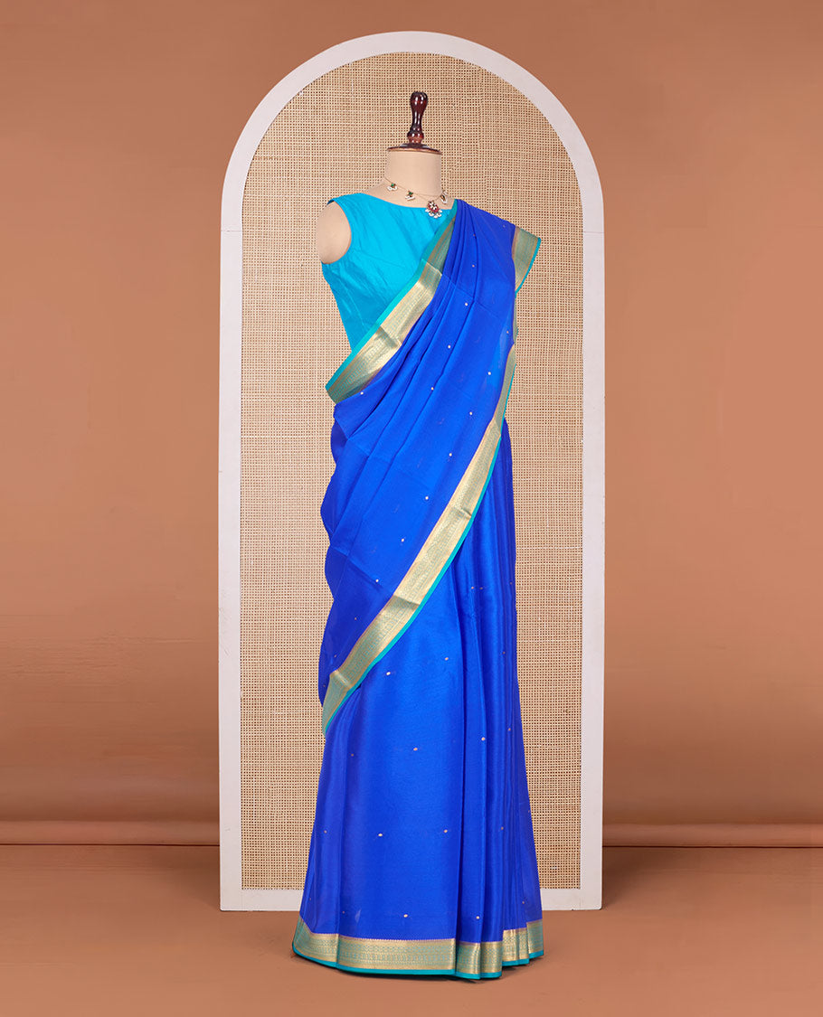 Royal Blue Mysore Silk Saree, Subtly Woven with Buttas All Over Its Body, Complemented by a Contrast Traditional Zari Design Border, Zari-Buttas Woven Pallu, and Paired with a Contrast Blouse