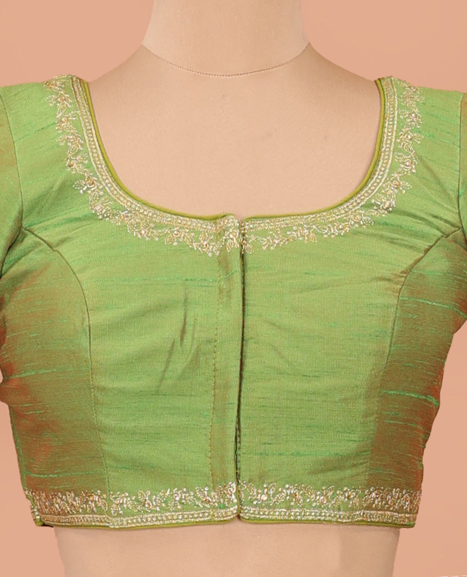 Parrot green embroidered front-back round neck elbow sleeve blouse