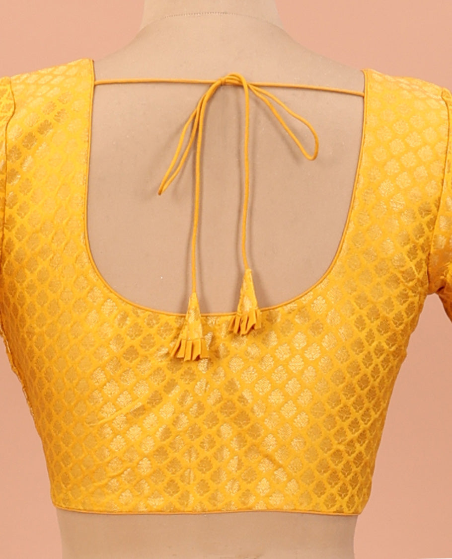 Mango yellow zari jacquard front-back round neck elbow sleeve readymade blouse