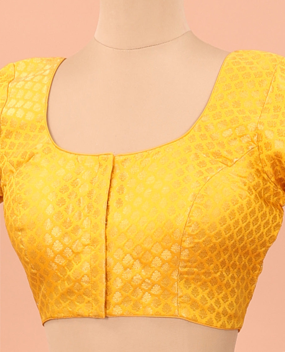 Mango yellow zari jacquard front-back round neck elbow sleeve readymade blouse