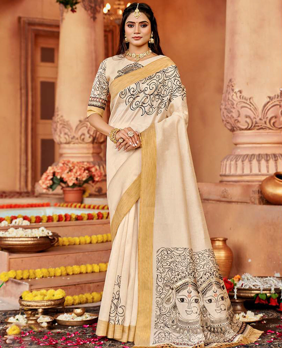 Cream vine designer catalog saree, bavanji border, and pallu of Durga face motifs
