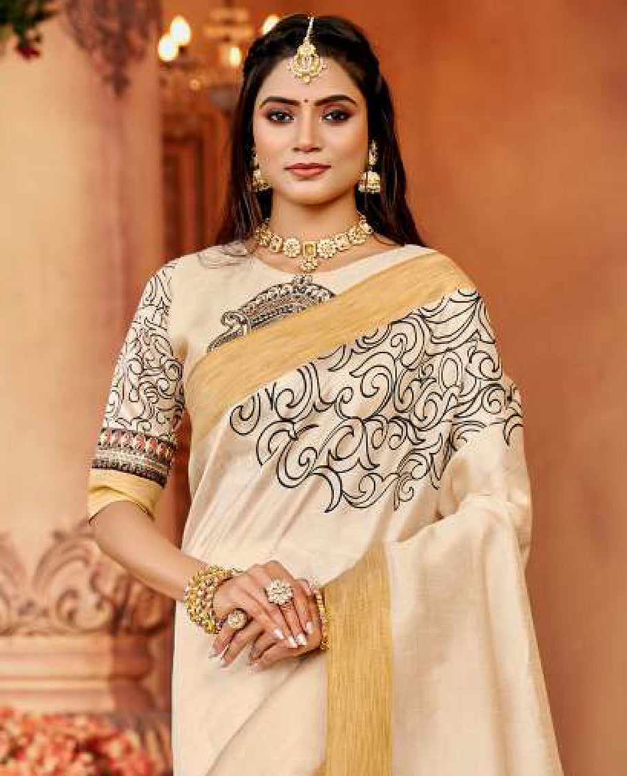Cream vine designer catalog saree, bavanji border, and pallu of Durga face motifs