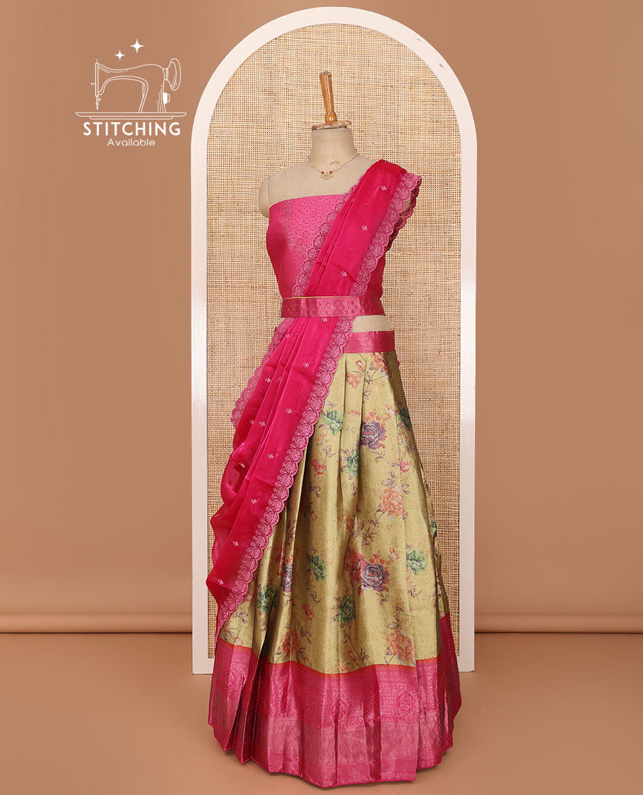 Yellow lehenga set, floral print with contrast traditional zari border skirt, jacquard contrast blouse and scallop embroidered dhavani