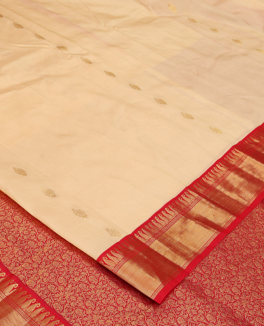 Sandal zari buttas Bangalore silk saree, contrast traditional zari border, and floral jaal pallu