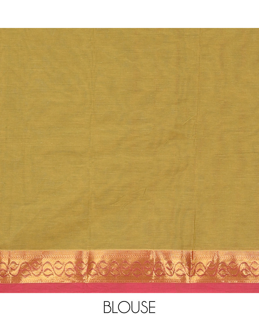 Green zig-zag striped kanchi cotton saree, contrast leaf creeper zari border, and jaal pallu