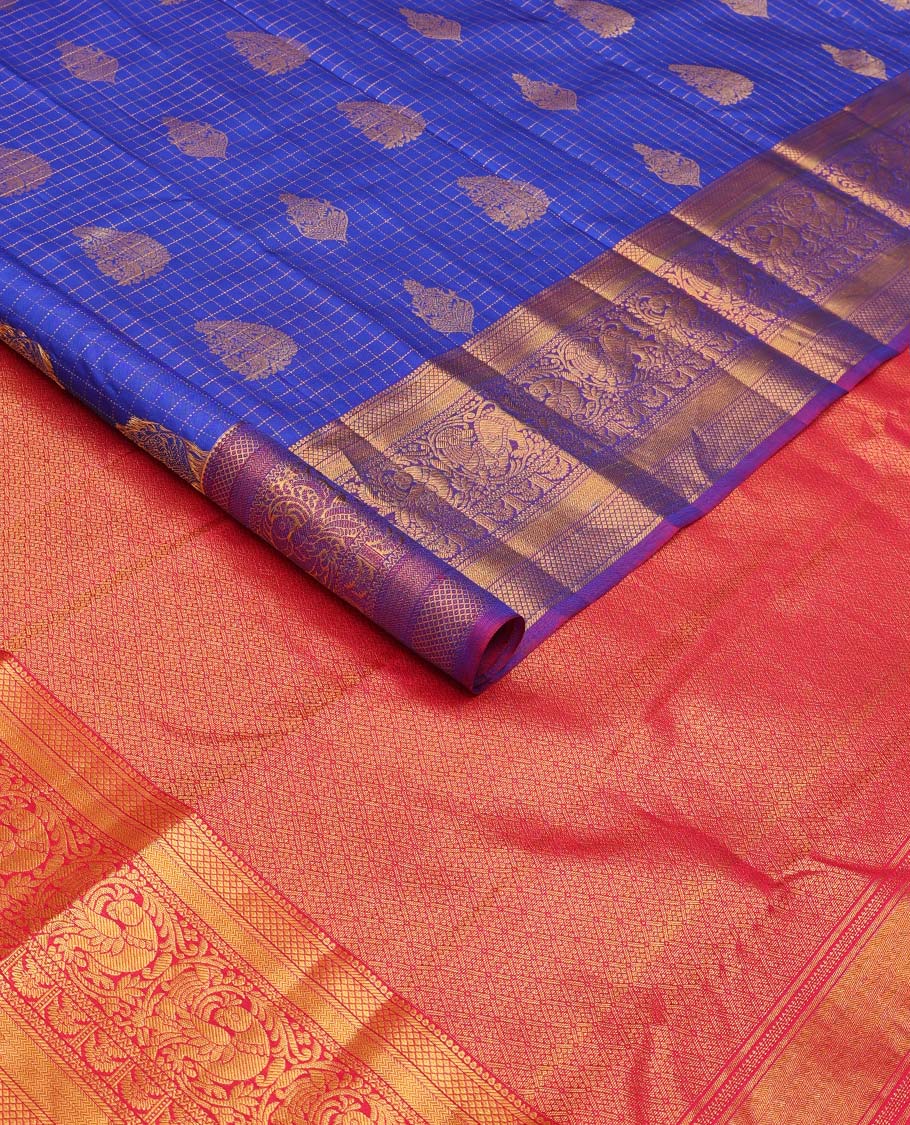 Ultramarine blue checked and zari buttas silk saree, contrast border of mayil kann, banaras, vanki, neli, and mayil, and jaal pallu