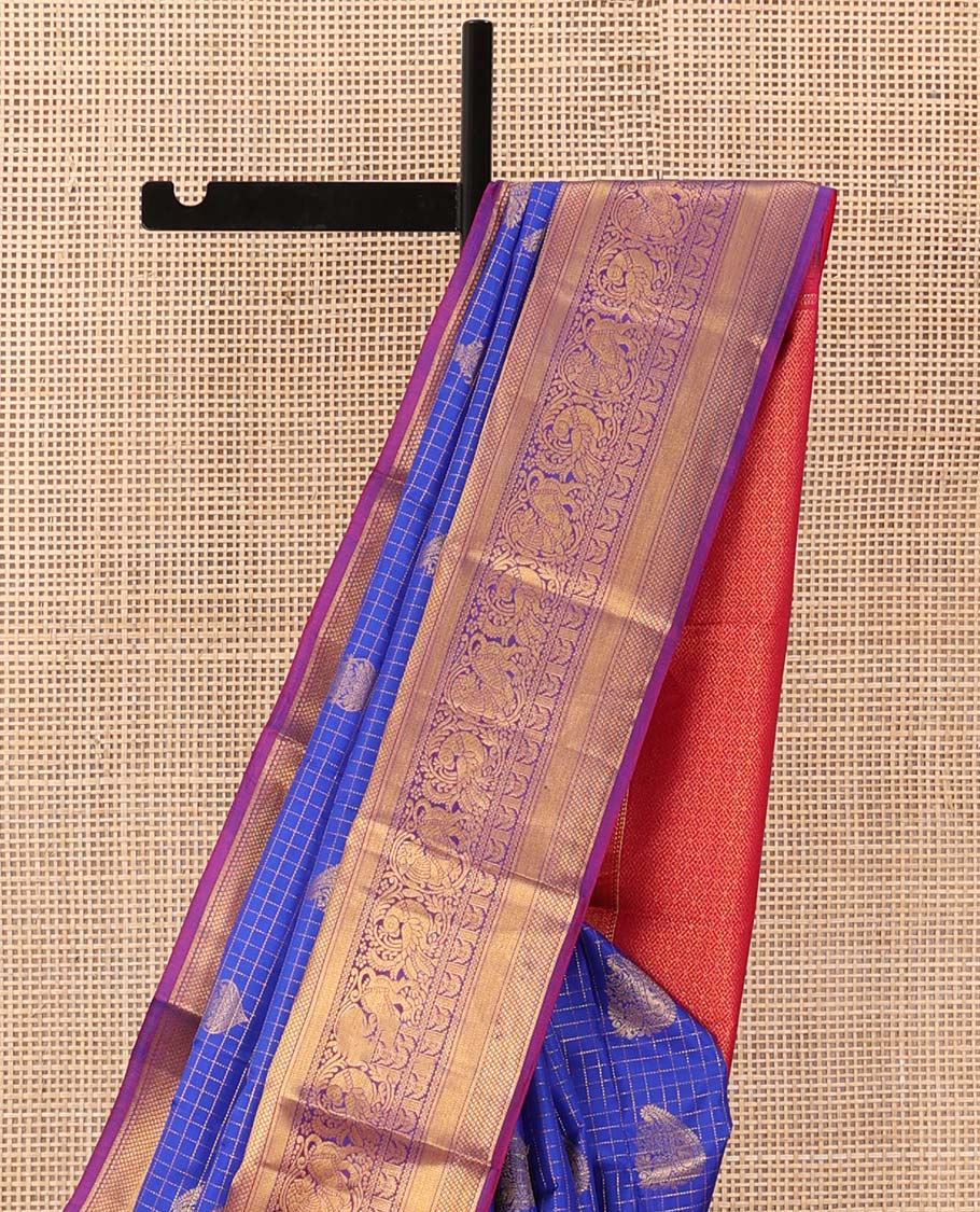 Ultramarine blue checked and zari buttas silk saree, contrast border of mayil kann, banaras, vanki, neli, and mayil, and jaal pallu