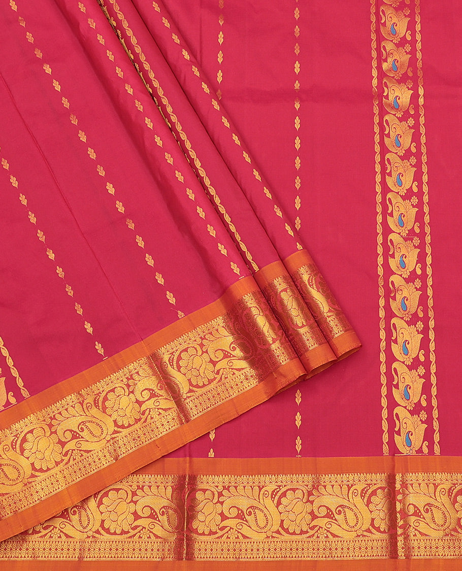 Red Art Silk Pavadai Material Set, Detailed with Zari Designs on Its Skirt, Complemented by a Contrast Traditional Zari Border, and a Matching Blouse