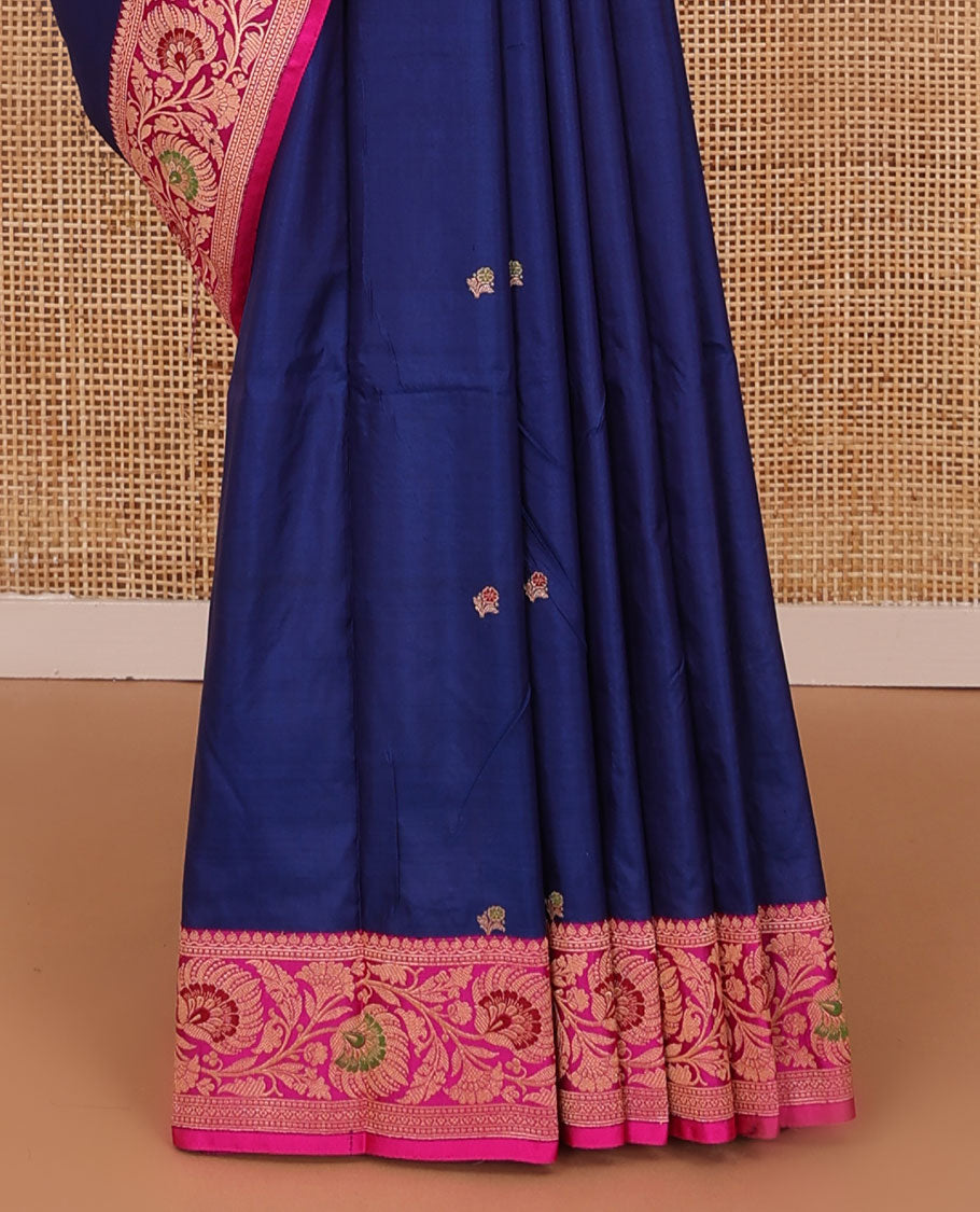Navy blue floral motifs woven katan silk saree, contrast floral creeper border, and jaal pallu