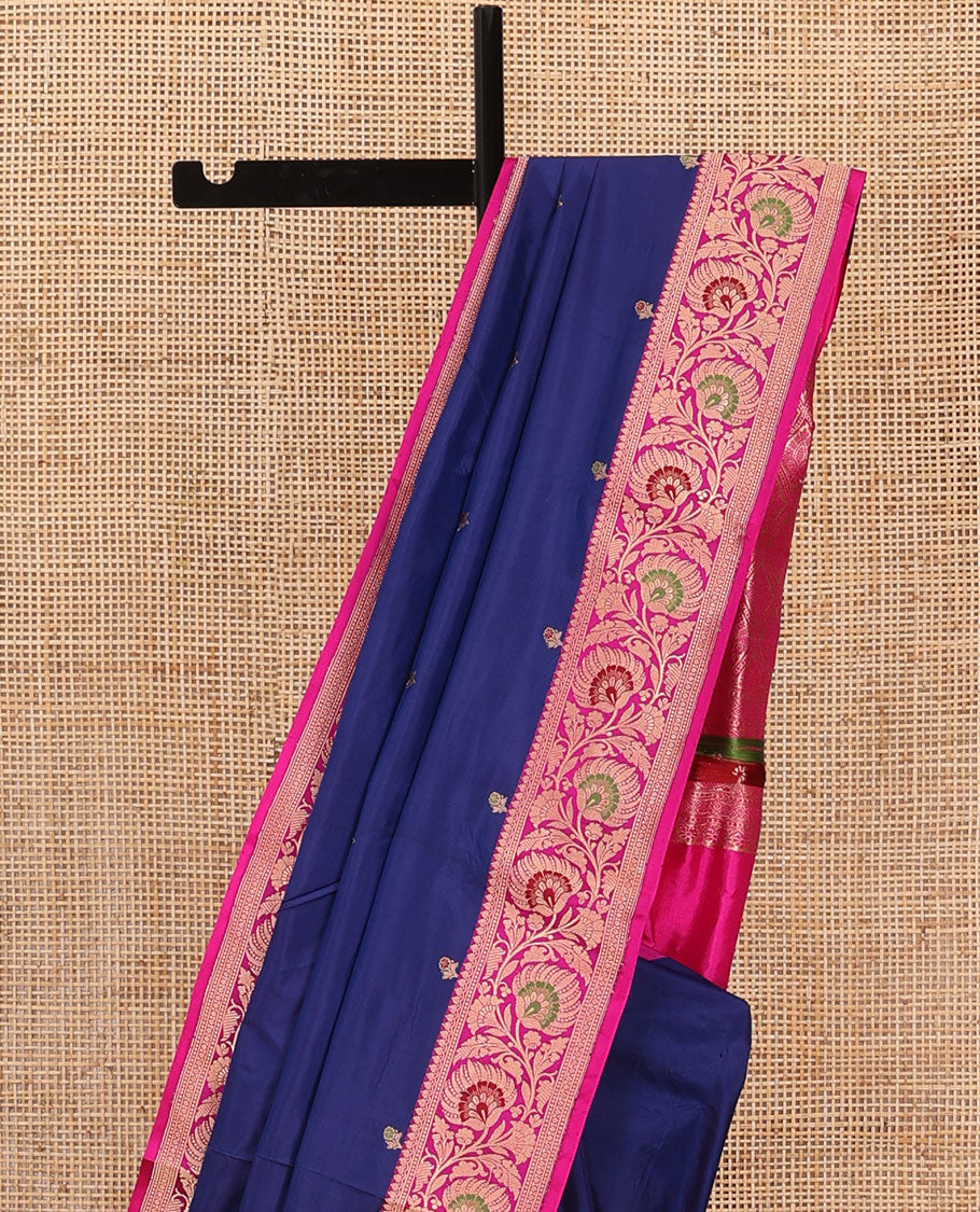 Navy blue floral motifs woven katan silk saree, contrast floral creeper border, and jaal pallu
