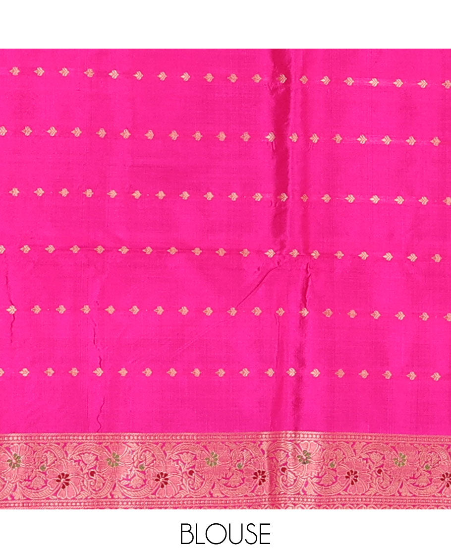 Navy blue floral motifs woven katan silk saree, contrast floral creeper border, and jaal pallu