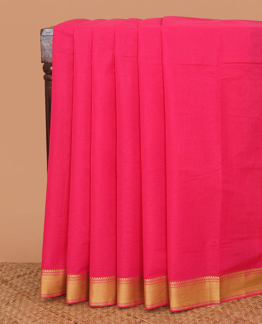 Pink sparesly striped Mangalagiri Cotton saree, traditional border, zari pallu, and contrast lotus printed blouse