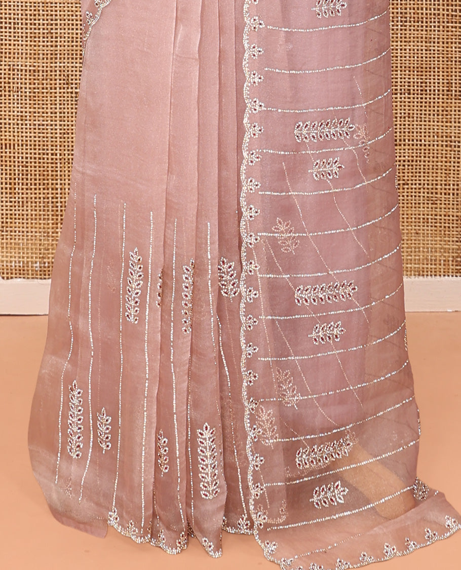 Peach Swarovski and Meena Stonework Organza Designer Saree with Scallop Border, Matching Blouse