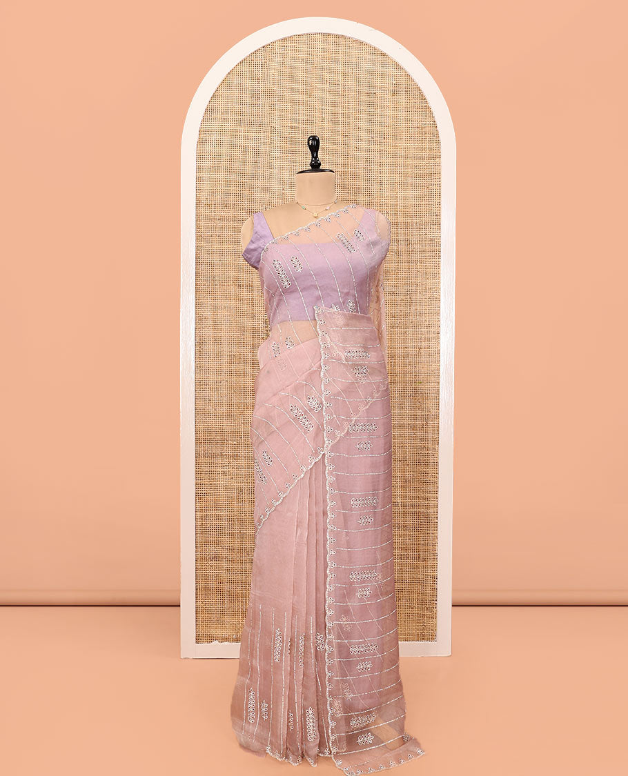 Peach Swarovski and Meena Stonework Organza Designer Saree with Scallop Border, Matching Blouse